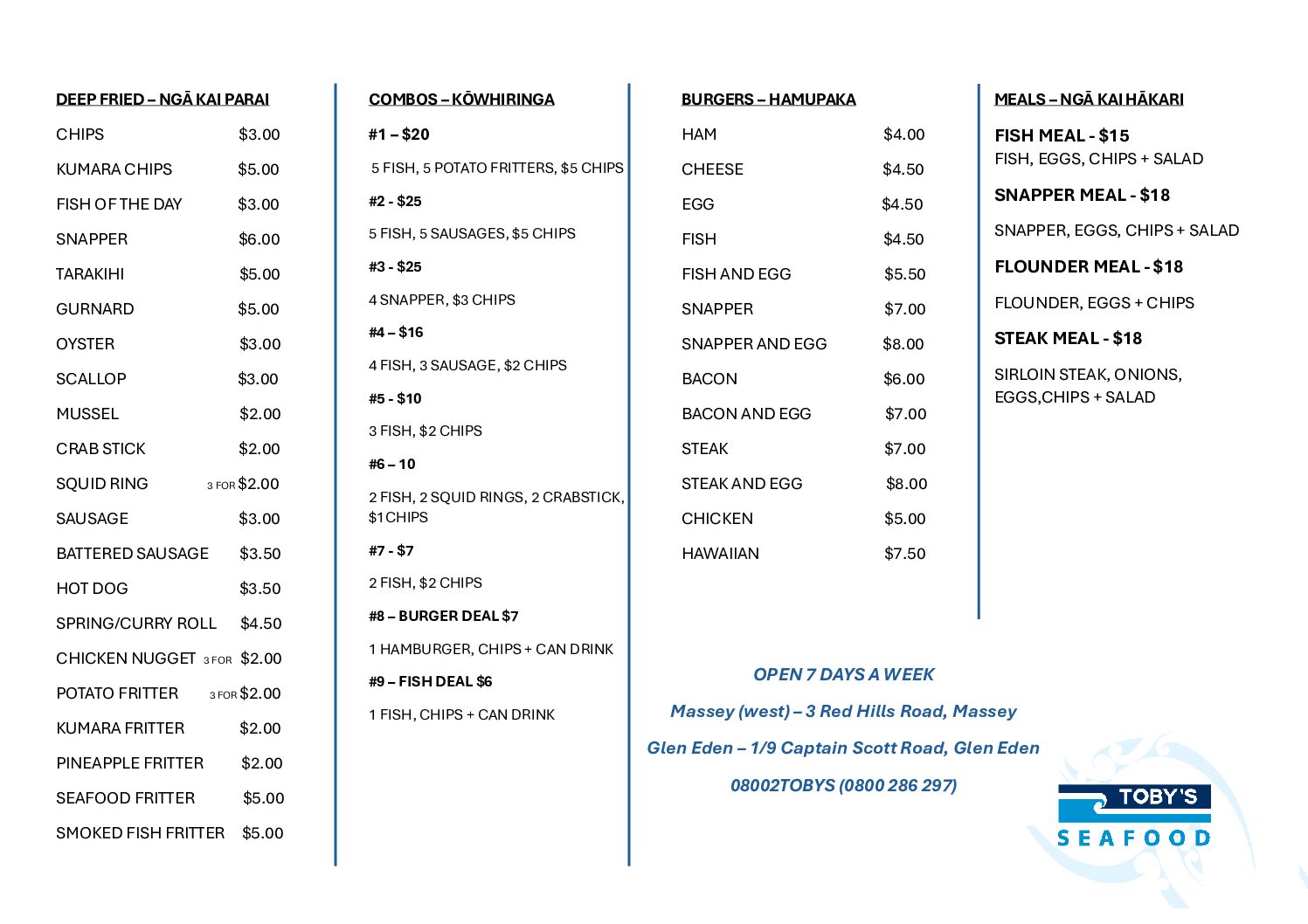 Tobys Seafood Menu 2025